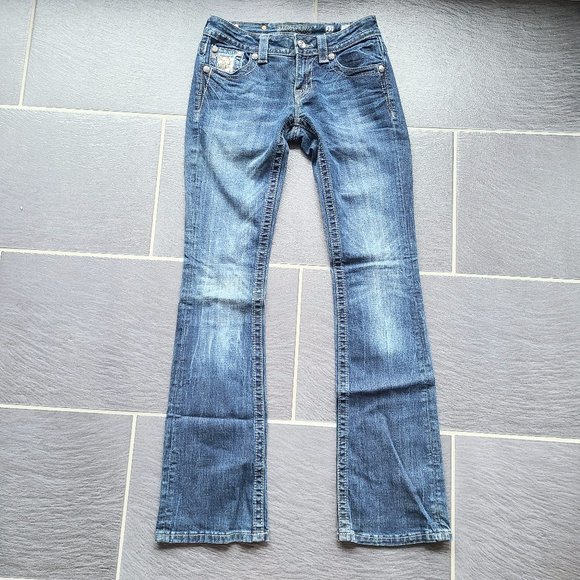 Miss Me Signature Rise Boot Cut Blue Jeans Sequin Western Embroidered Denim 27 - Picture 3 of 13